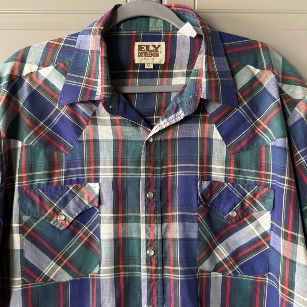 Ely‎ Cattleman Vintage Western Plaid Snap Cuffed SS Shirt,Blue Red,XL